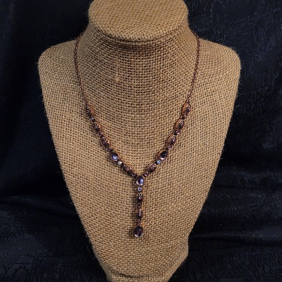 Vintage AVON Pink Glass Cabochon Y Drop Necklace Copper Filigree & Chain 22" - Picture 10 of 12
